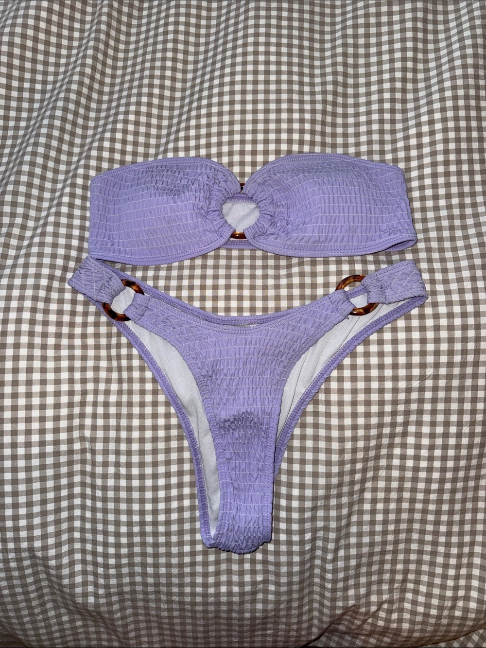 Lilac Smocked Bandeau Bikini Set with Ring Accents